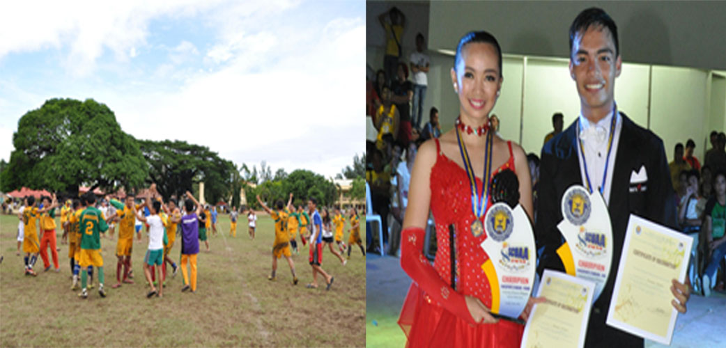 (Left Photo) The jubilant VSU Soccer Football Team after defeating the UEP kickers in the championship bout at the last day of the SCUAA-8 Meet.  (Right Photo) Gelli Anne S. Alcuino and Joel E. Conde, champion in the Dancesports Modern Standard Discipline.