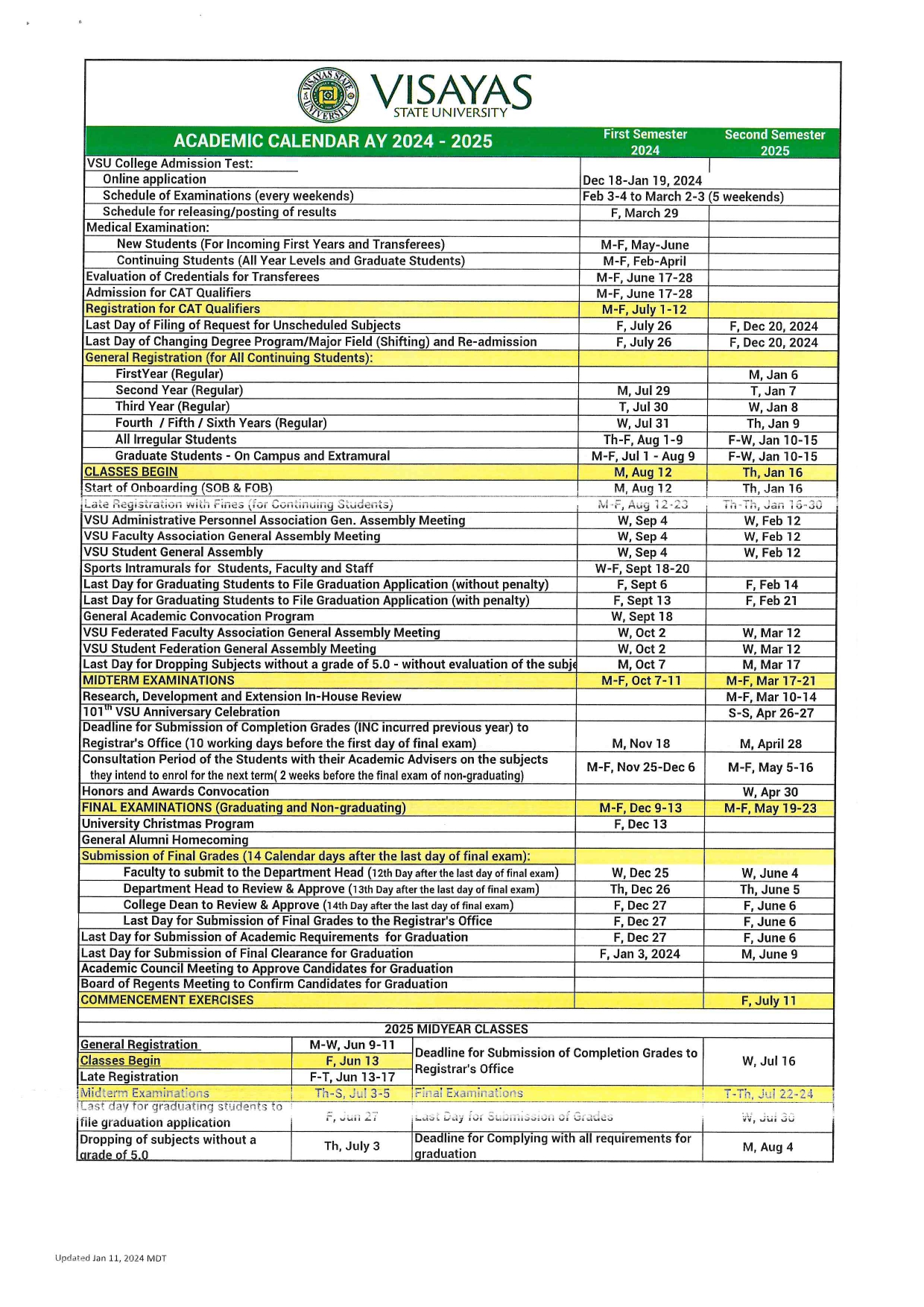 VSU Academic Calendar 2024 2025